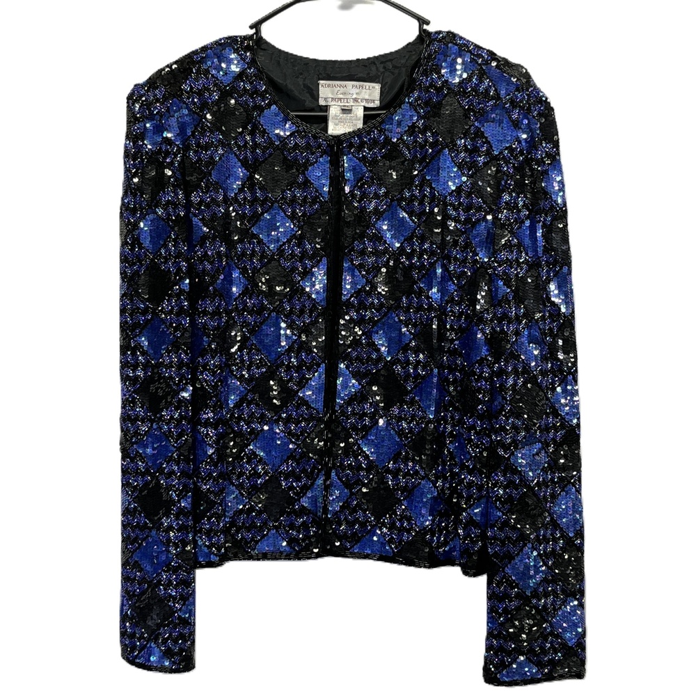 Adrianna Papell Black and Blue Sequin Diamond-Pattern Blazer